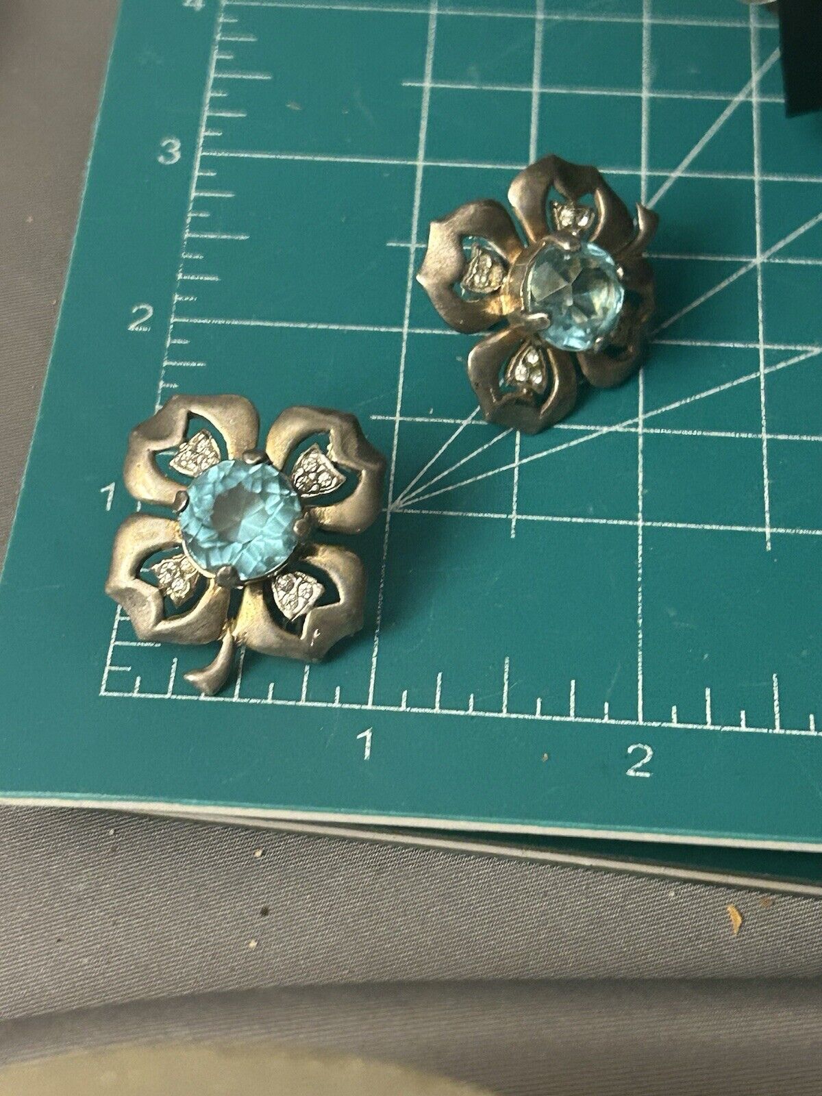 Vintage Aquamarine Sterling Glass Rhinestone Flower Clover Earrings 1940s Reja - Vintage Jewelry Collective