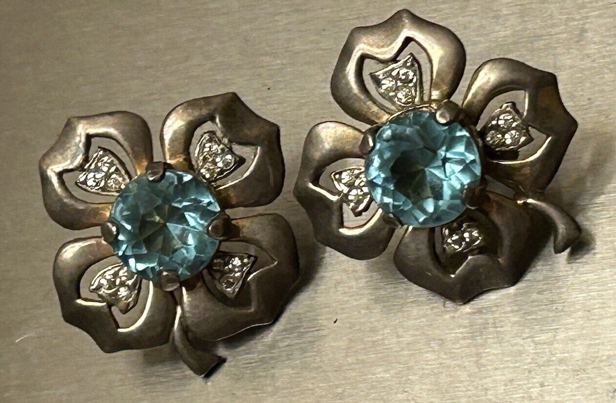 Vintage Aquamarine Sterling Glass Rhinestone Flower Clover Earrings 1940s Reja - Vintage Jewelry Collective