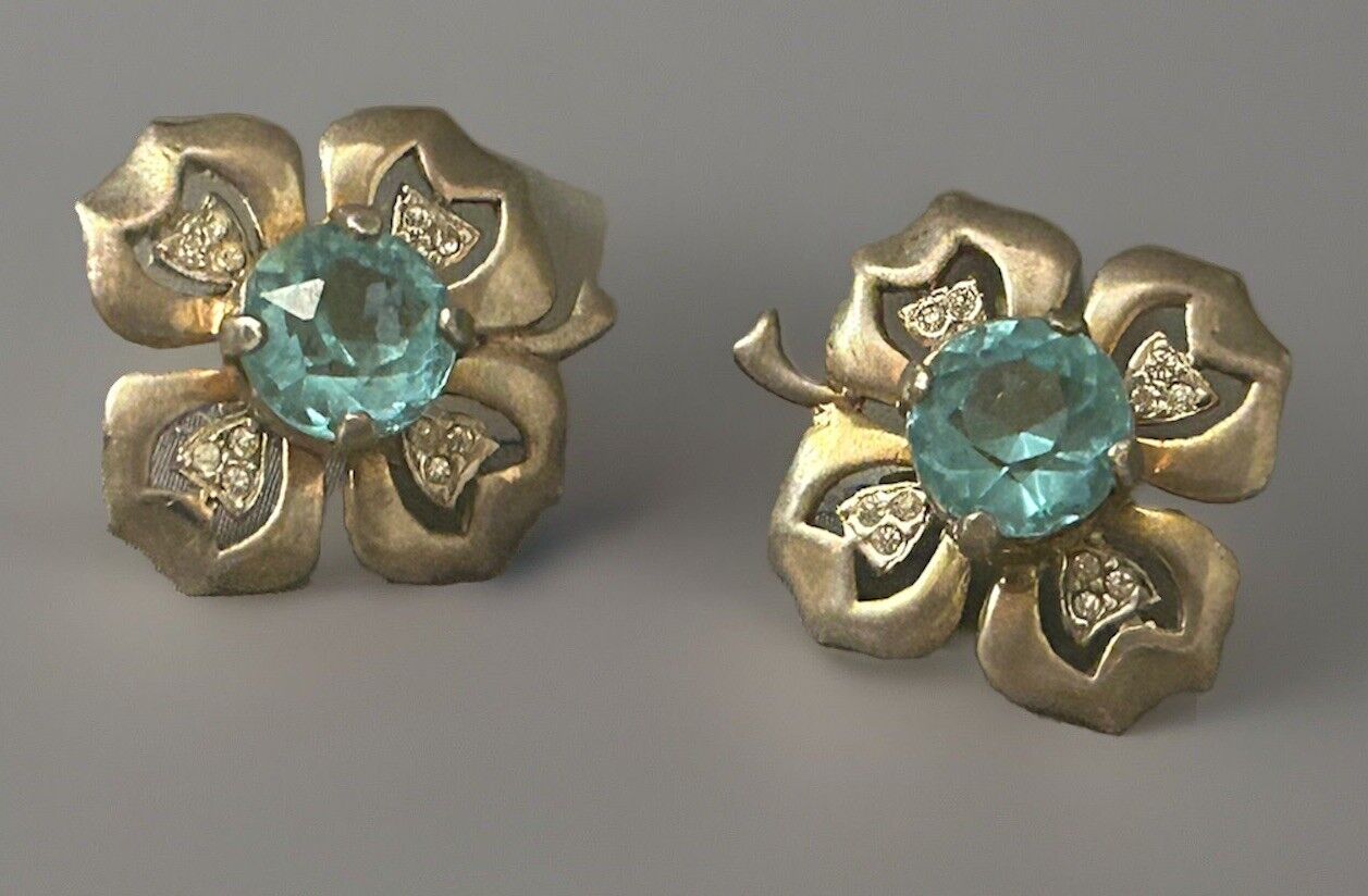 Vintage Aquamarine Sterling Glass Rhinestone Flower Clover Earrings 1940s Reja - Vintage Jewelry Collective