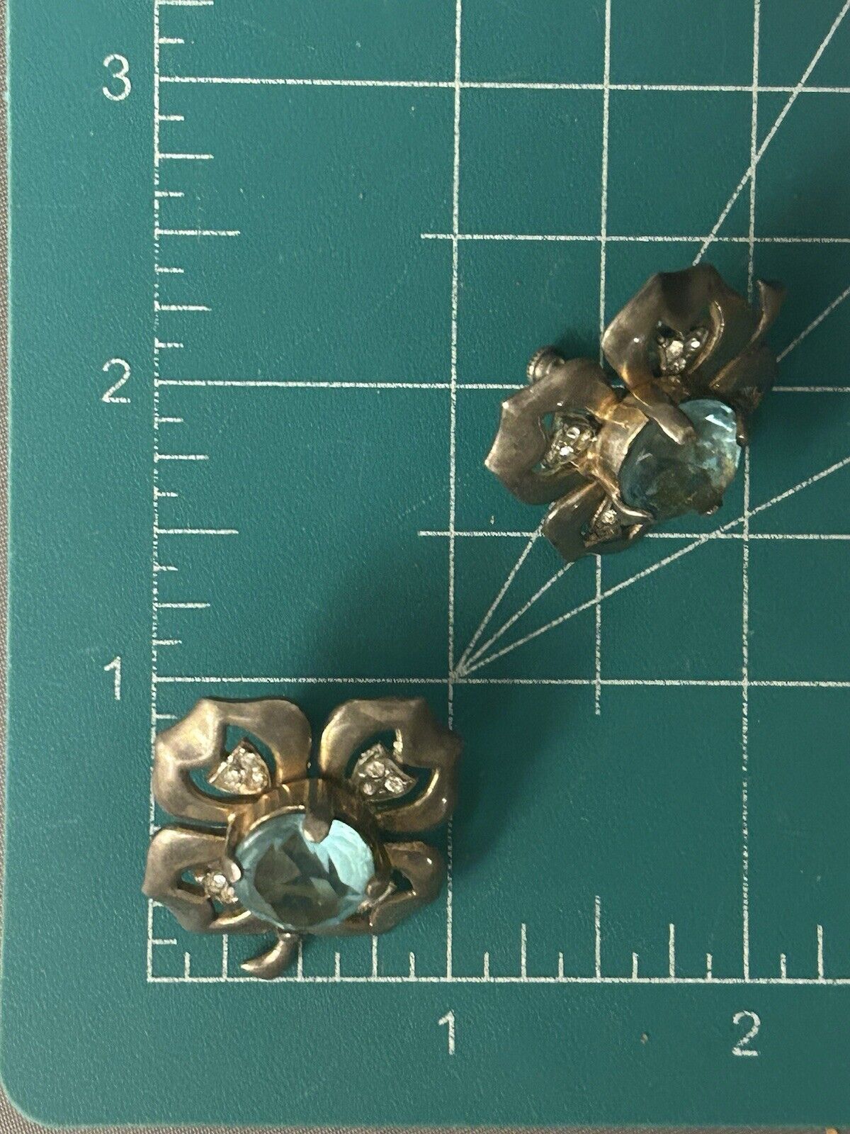 Vintage Aquamarine Sterling Glass Rhinestone Flower Clover Earrings 1940s Reja - Vintage Jewelry Collective