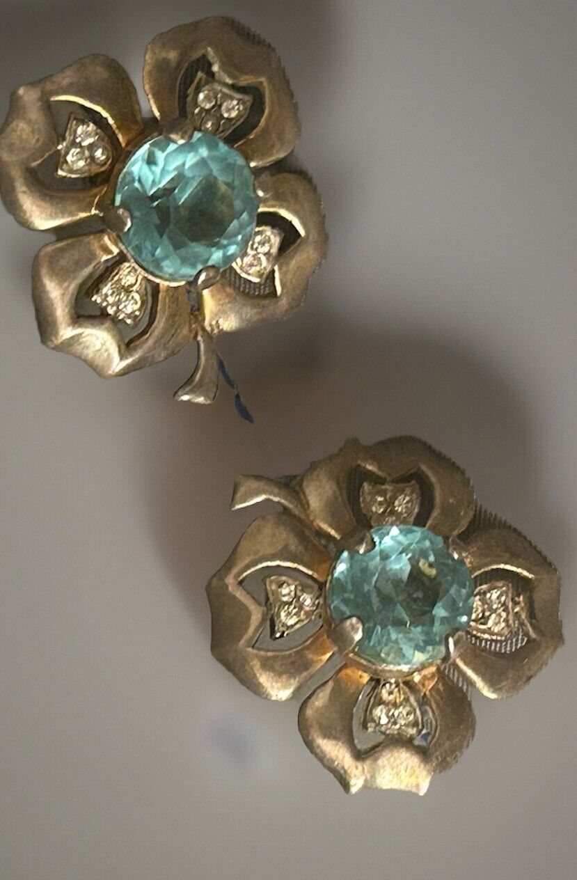 Vintage Aquamarine Sterling Glass Rhinestone Flower Clover Earrings 1940s Reja - Vintage Jewelry Collective