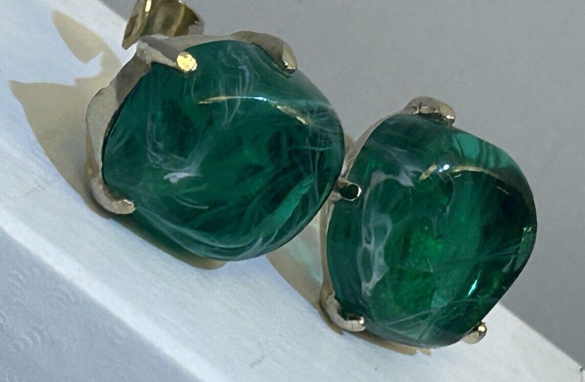 Vintage Flawed Emerald Glass Rhinestone Clip Earrings Signed Can’t Make Out - Vintage Jewelry Collective