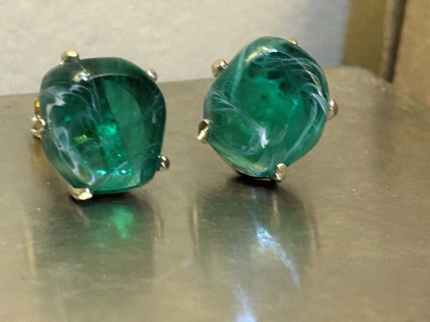 Vintage Flawed Emerald Glass Rhinestone Clip Earrings Signed Can’t Make Out - Vintage Jewelry Collective