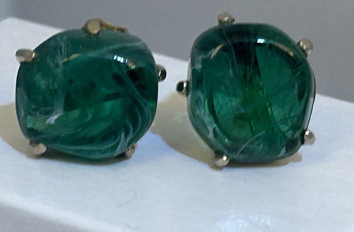 Vintage Flawed Emerald Glass Rhinestone Clip Earrings Signed Can’t Make Out - Vintage Jewelry Collective