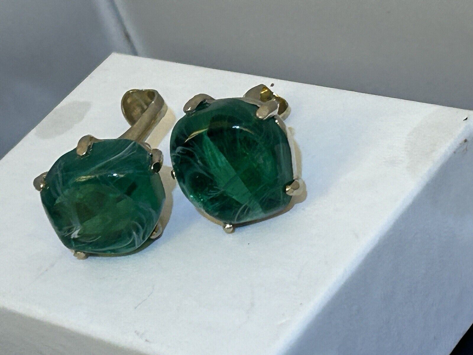 Vintage Flawed Emerald Glass Rhinestone Clip Earrings Signed Can’t Make Out - Vintage Jewelry Collective