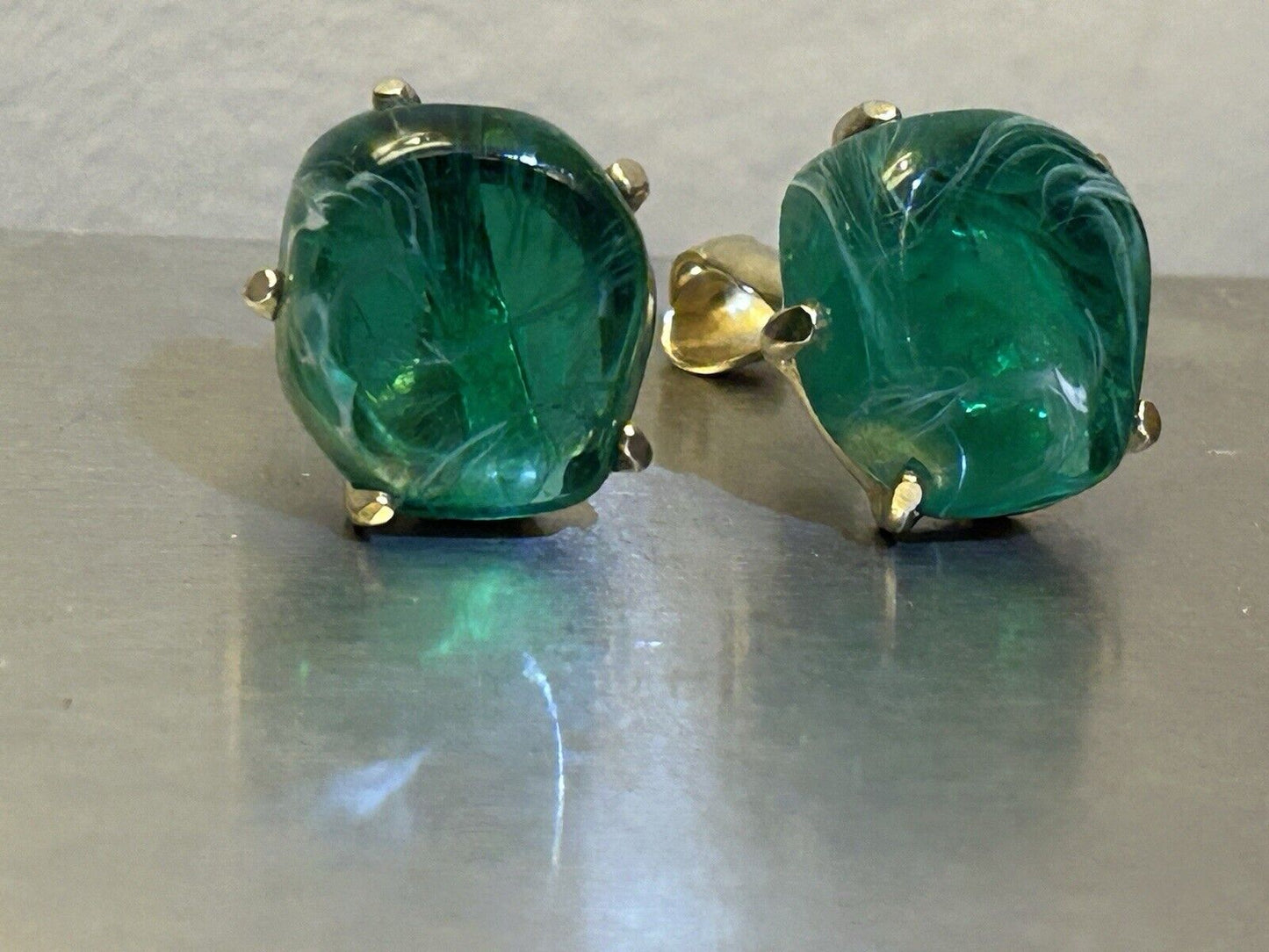 Vintage Flawed Emerald Glass Rhinestone Clip Earrings Signed Can’t Make Out - Vintage Jewelry Collective