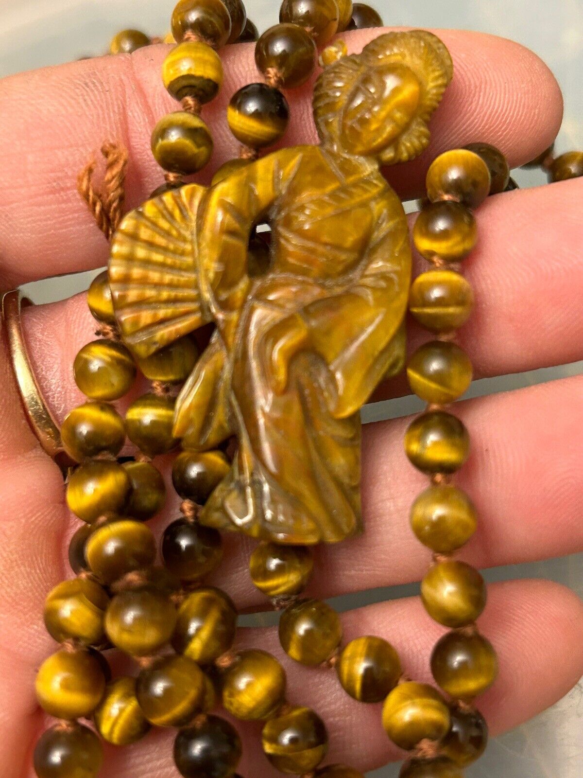 Antique Tigers Eye Bead Chinese Carved Geshia Beaded Necklace Semi precious - Vintage Jewelry Collective