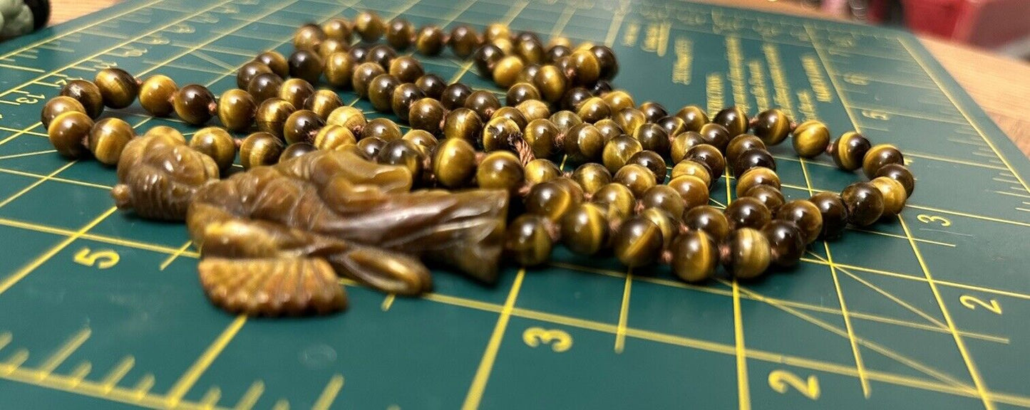 Antique Tigers Eye Bead Chinese Carved Geshia Beaded Necklace Semi precious - Vintage Jewelry Collective