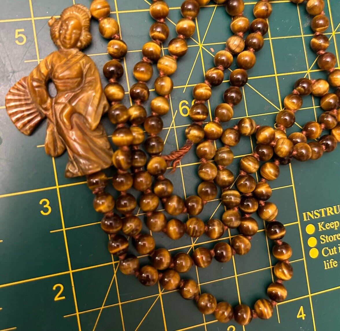 Antique Tigers Eye Bead Chinese Carved Geshia Beaded Necklace Semi precious - Vintage Jewelry Collective