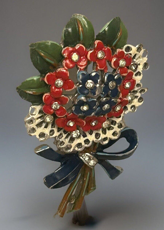 Vintage 1941 Trifari Flower Brooch Bouquet Fur Dress Clip Enamel Rhinestone Pin - Vintage Jewelry Collective