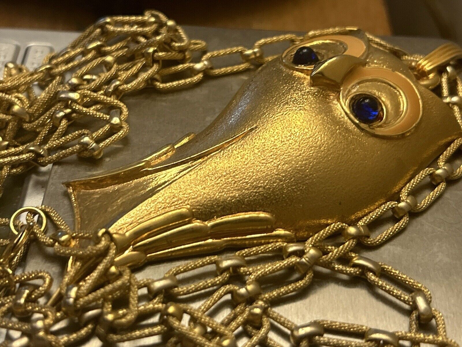 Vintage JOMAZ Necklace HUGE 4”x2.5” RARE Golden OWL Runway 1960s Blue Cabochon - Vintage Jewelry Collective