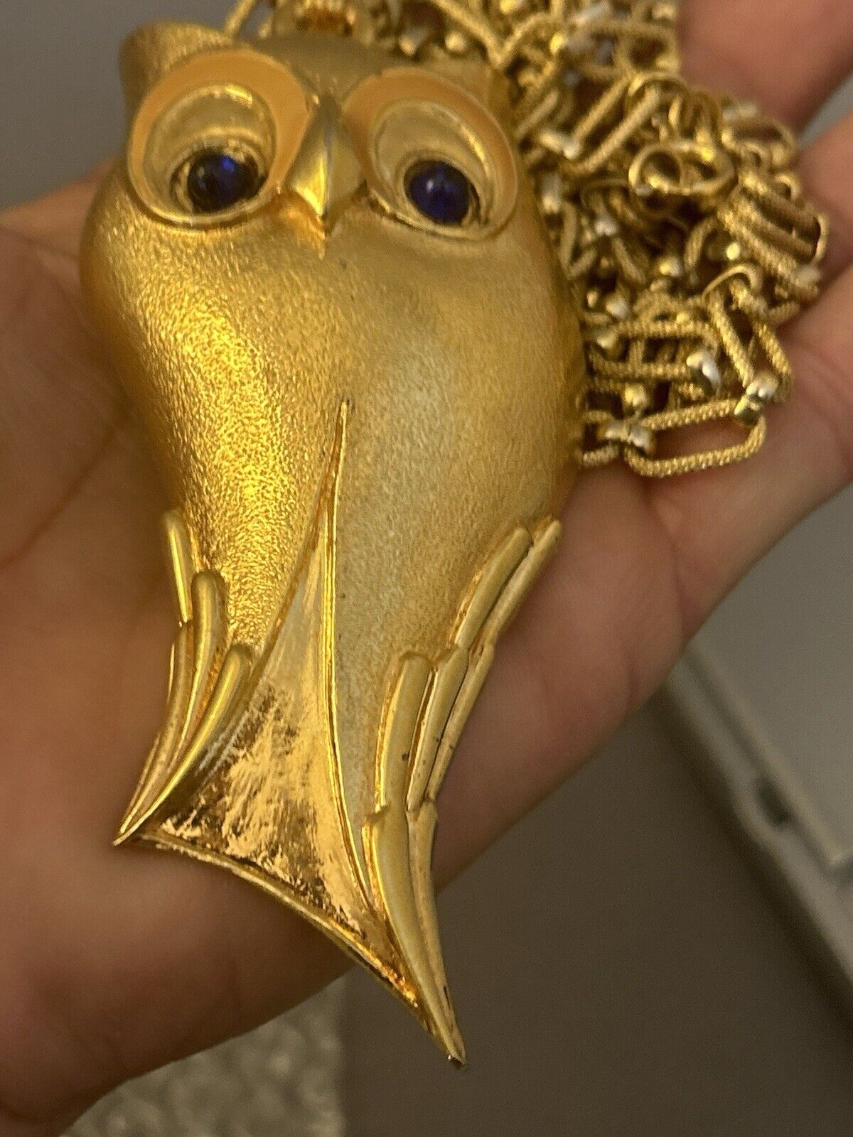 Vintage JOMAZ Necklace HUGE 4”x2.5” RARE Golden OWL Runway 1960s Blue Cabochon - Vintage Jewelry Collective