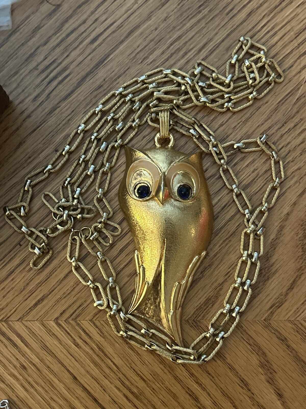 Vintage JOMAZ Necklace HUGE 4”x2.5” RARE Golden OWL Runway 1960s Blue Cabochon - Vintage Jewelry Collective