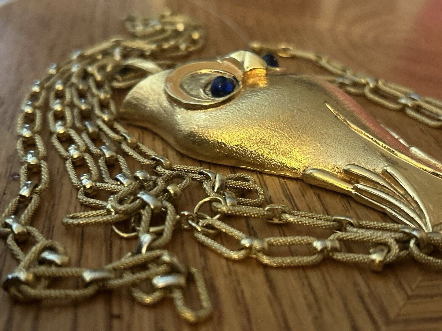 Vintage JOMAZ Necklace HUGE 4”x2.5” RARE Golden OWL Runway 1960s Blue Cabochon - Vintage Jewelry Collective