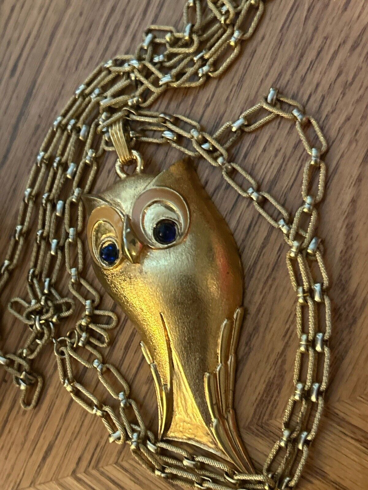 Vintage JOMAZ Necklace HUGE 4”x2.5” RARE Golden OWL Runway 1960s Blue Cabochon - Vintage Jewelry Collective