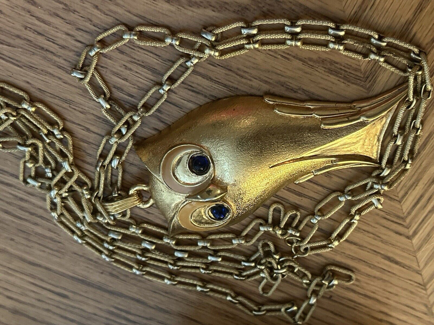 Vintage JOMAZ Necklace HUGE 4”x2.5” RARE Golden OWL Runway 1960s Blue Cabochon - Vintage Jewelry Collective