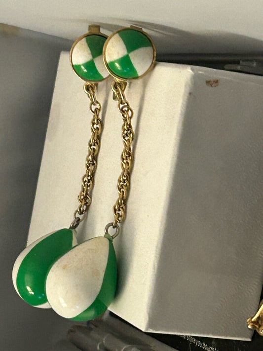 Vintage Crown Trifari Earrings Lucite 1960s 2.5” Green & White Drop Dangles MOD - Vintage Jewelry Collective