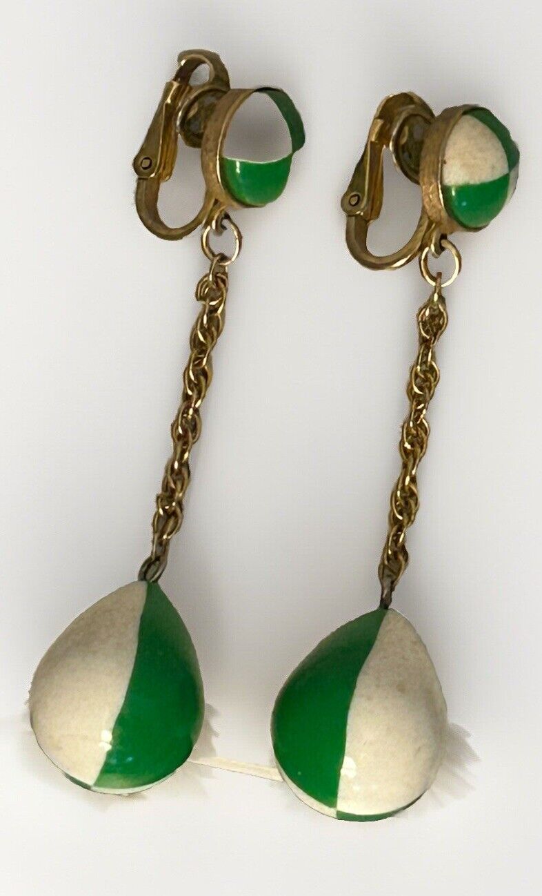 Vintage Crown Trifari Earrings Lucite 1960s 2.5” Green & White Drop Dangles MOD - Vintage Jewelry Collective