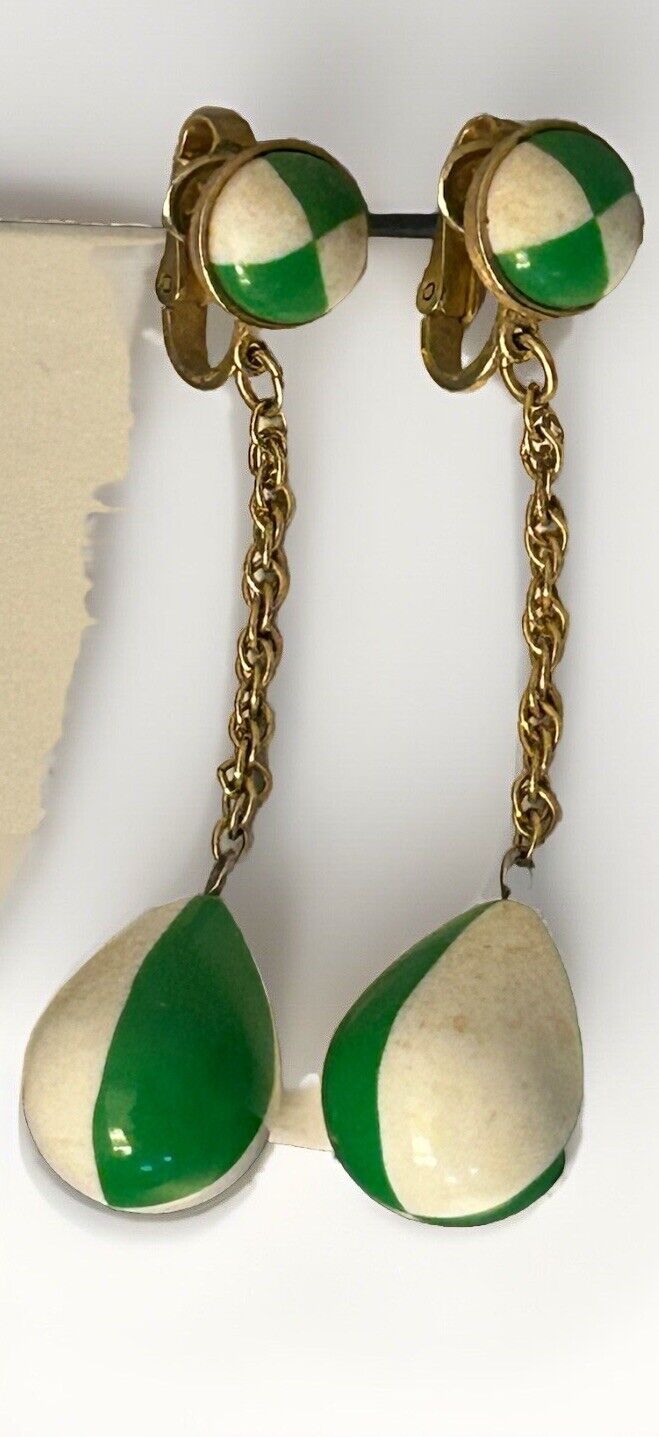 Vintage Crown Trifari Earrings Lucite 1960s 2.5” Green & White Drop Dangles MOD - Vintage Jewelry Collective