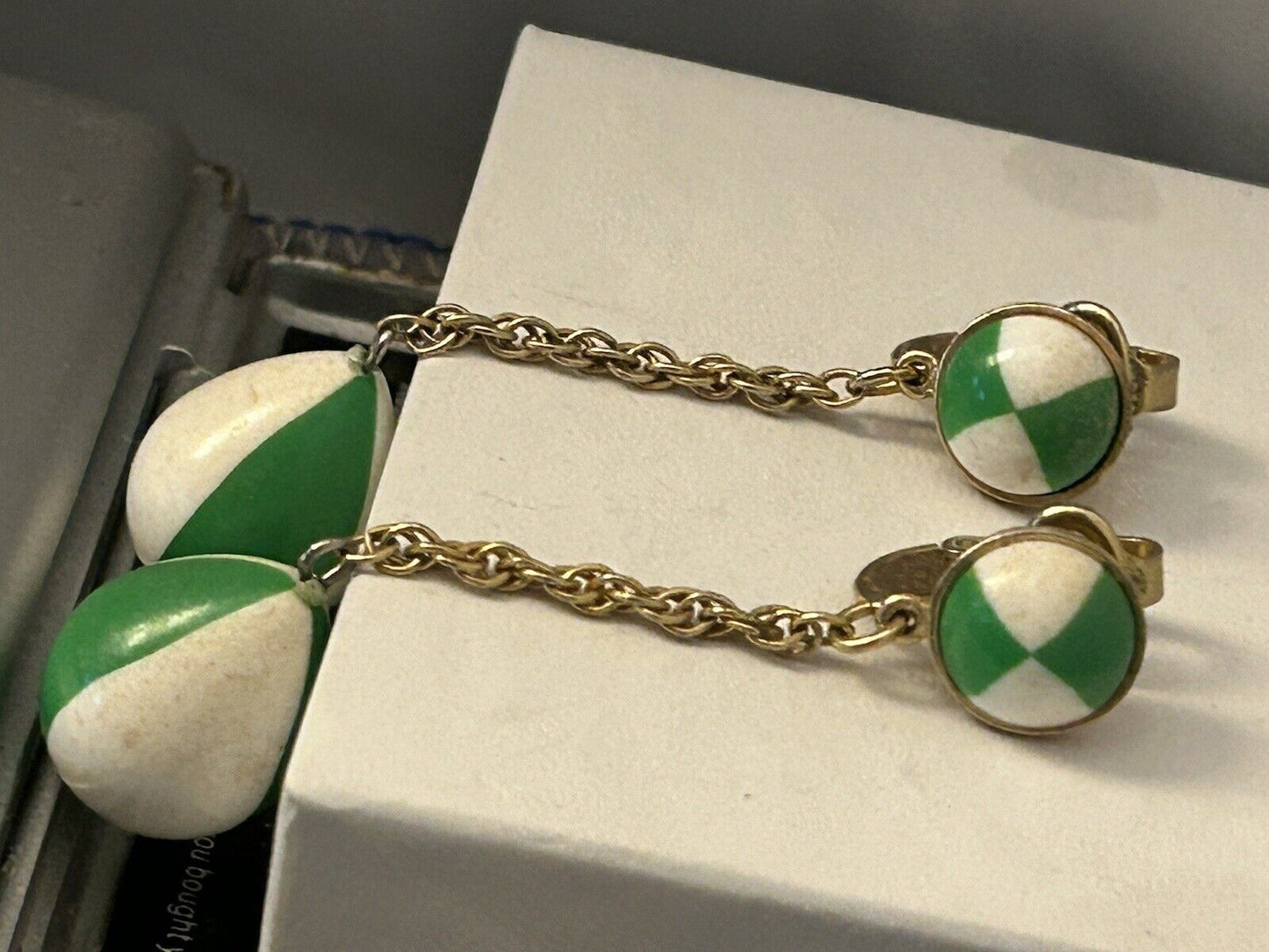 Vintage Crown Trifari Earrings Lucite 1960s 2.5” Green & White Drop Dangles MOD - Vintage Jewelry Collective