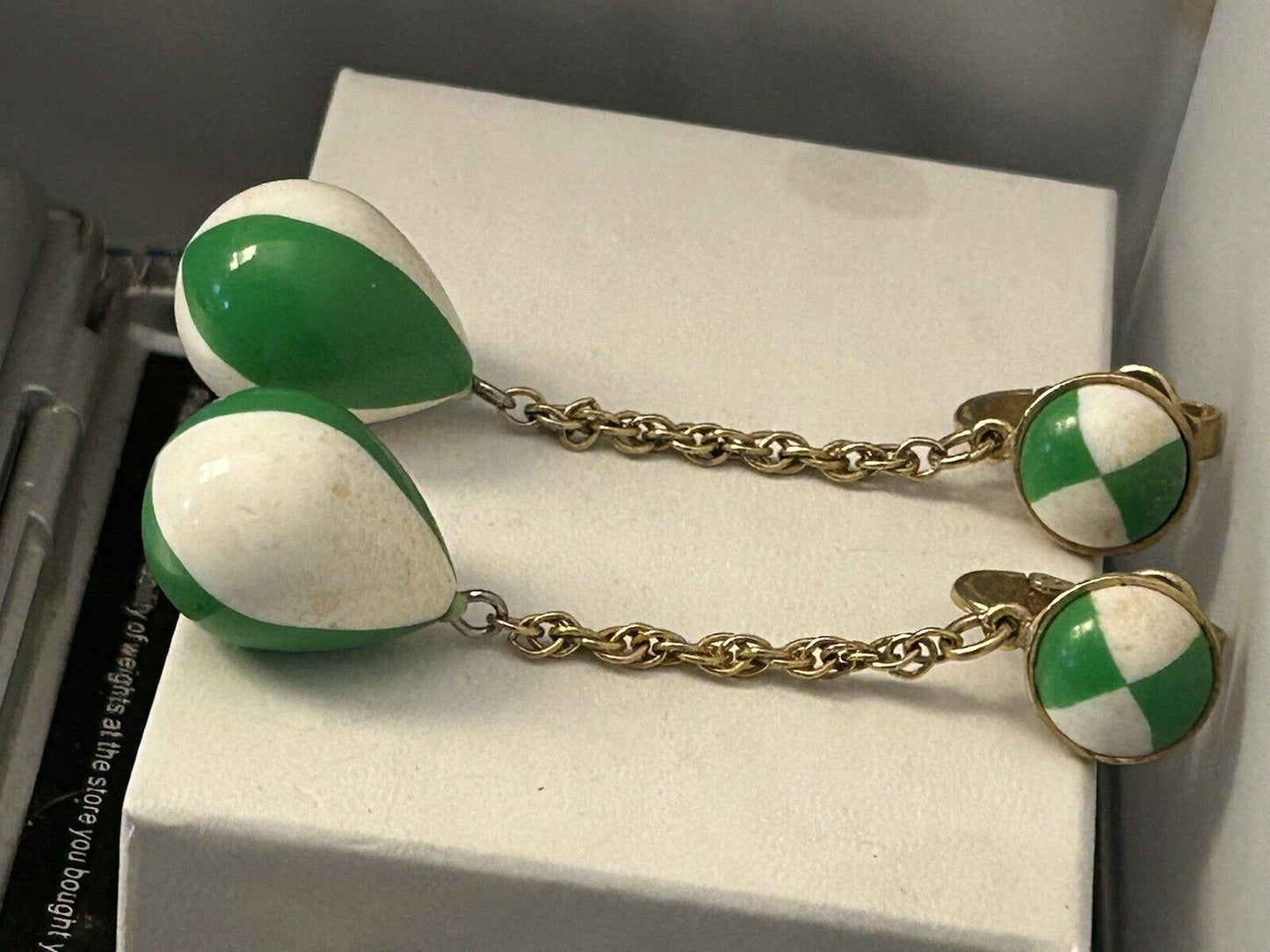 Vintage Crown Trifari Earrings Lucite 1960s 2.5” Green & White Drop Dangles MOD - Vintage Jewelry Collective