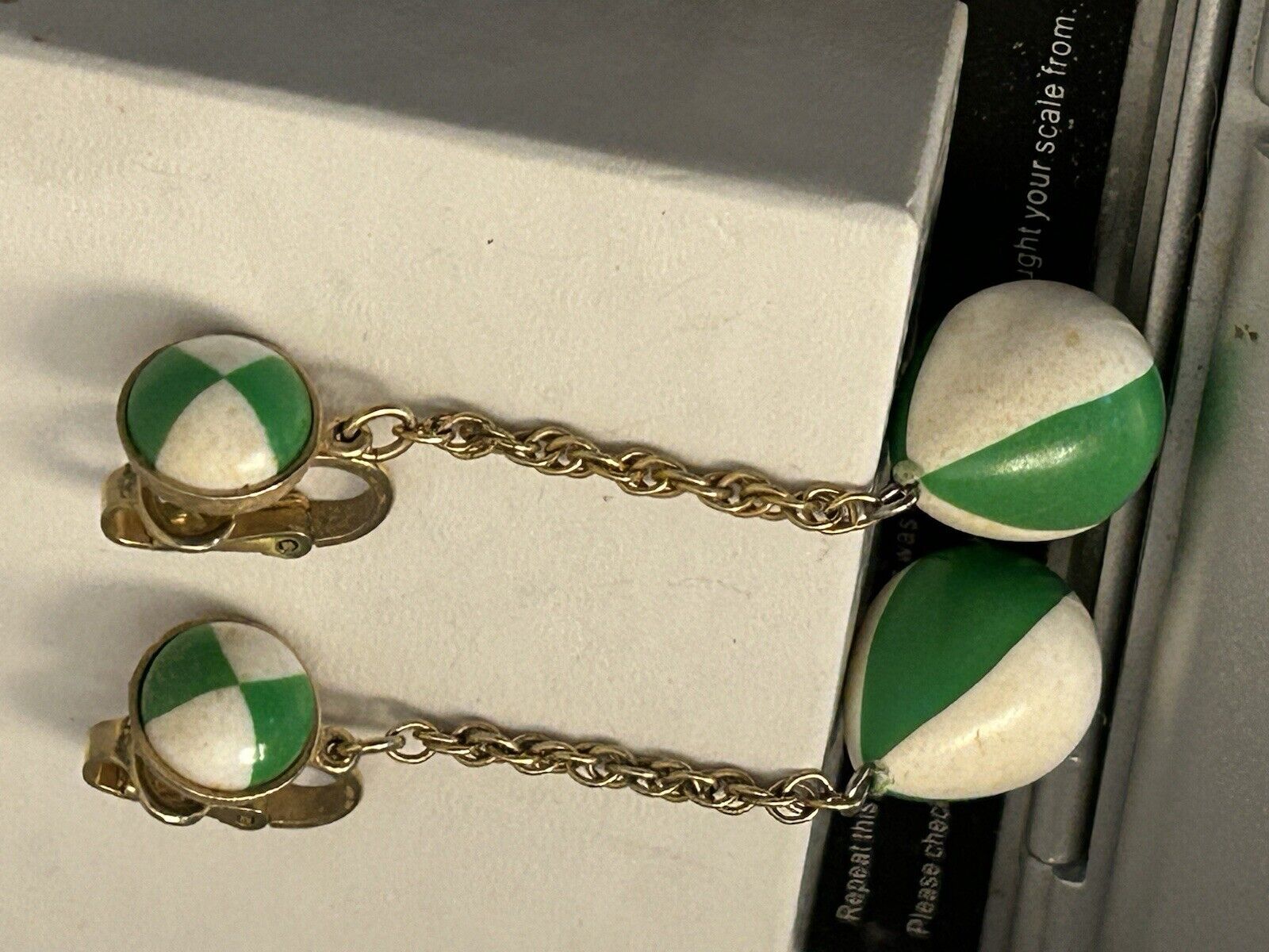 Vintage Crown Trifari Earrings Lucite 1960s 2.5” Green & White Drop Dangles MOD - Vintage Jewelry Collective