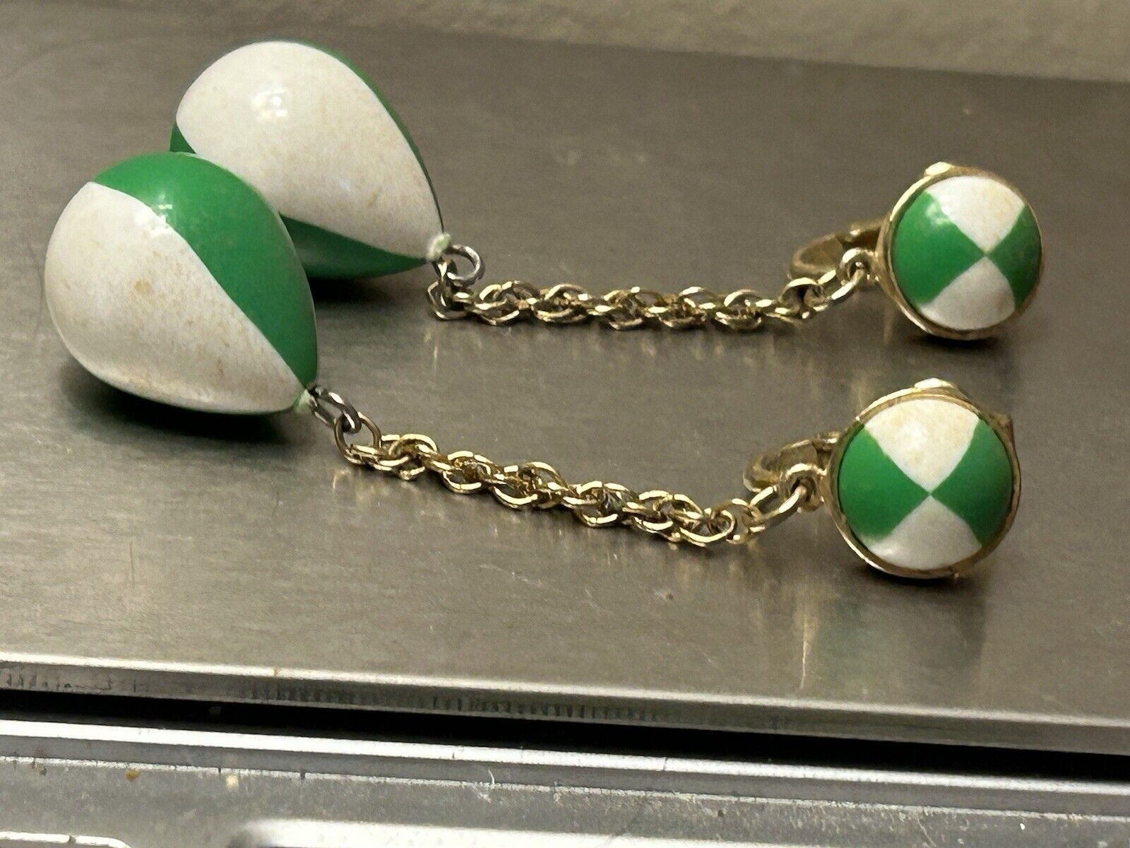 Vintage Crown Trifari Earrings Lucite 1960s 2.5” Green & White Drop Dangles MOD - Vintage Jewelry Collective