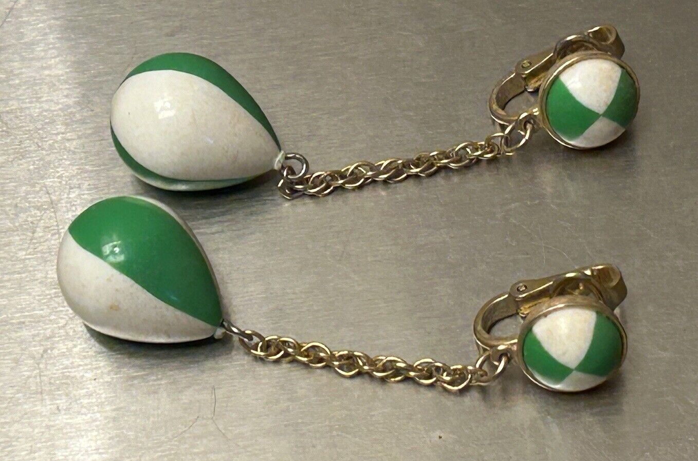 Vintage Crown Trifari Earrings Lucite 1960s 2.5” Green & White Drop Dangles MOD - Vintage Jewelry Collective