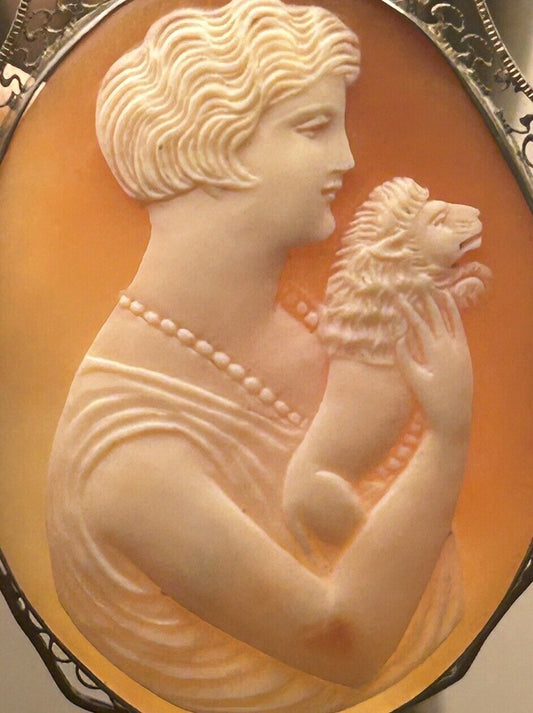 Vintage Cameo Brooch Large Victorian Woman With Her… Lion Cub Beautiful Rarity - Vintage Jewelry Collective