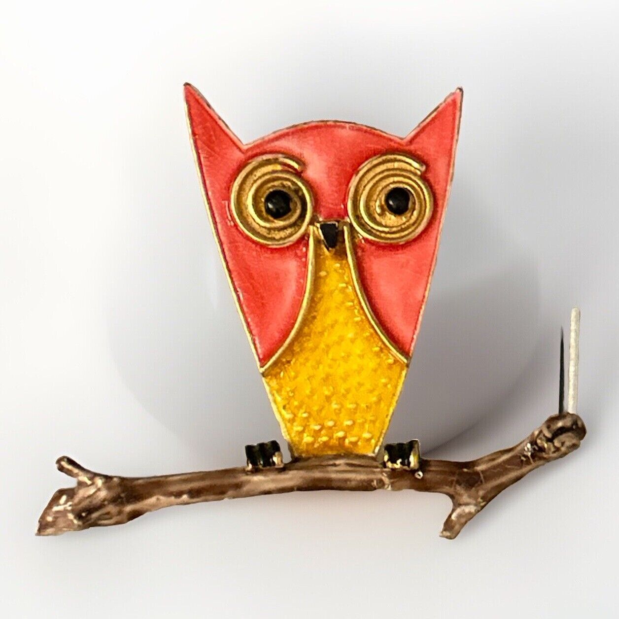 Vintage Accessocraft Enamel Owl Brooch Pin Figural Bird Vibrant Pink Yellow Uniq - Vintage Jewelry Collective