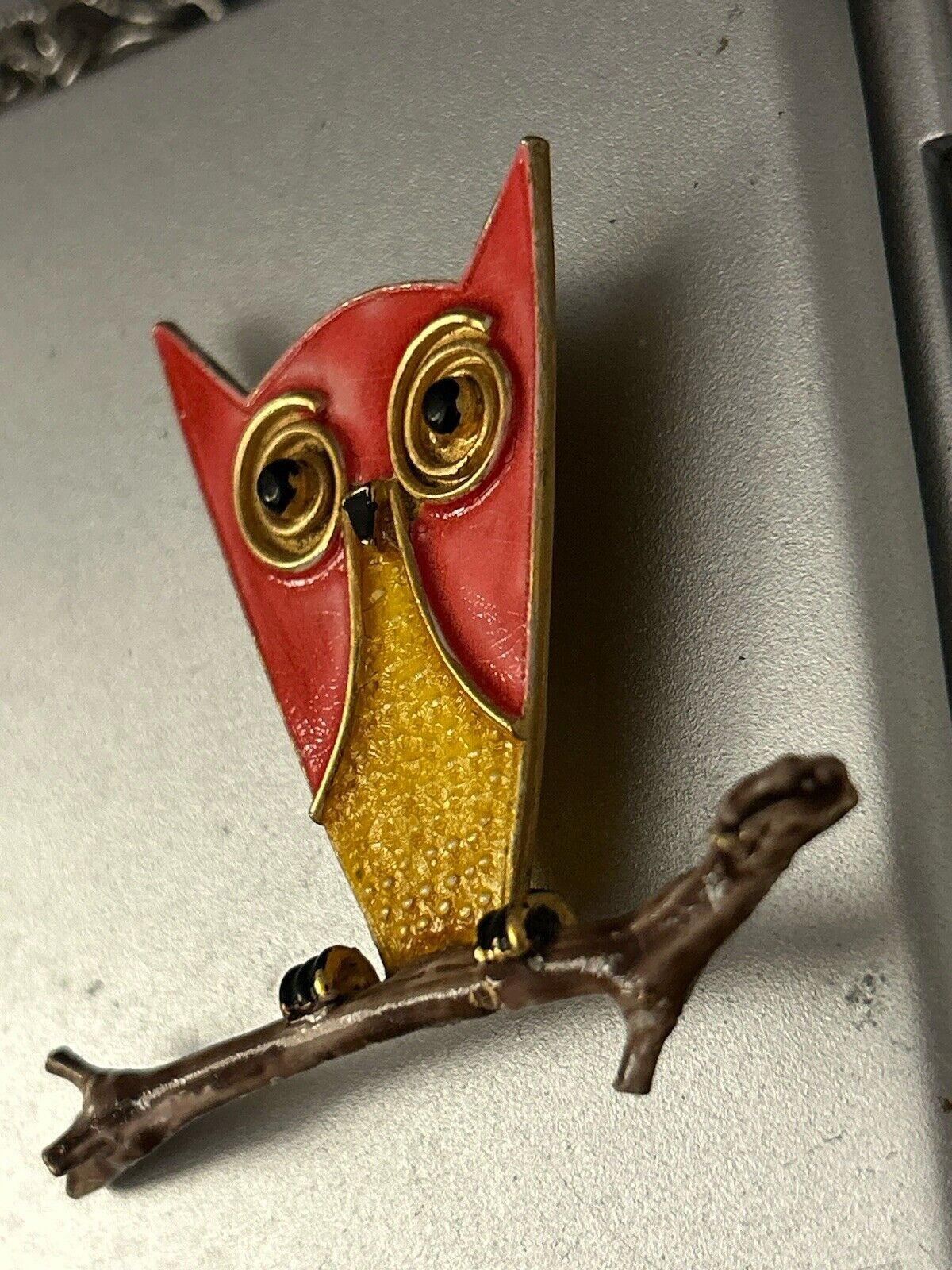 Vintage Accessocraft Enamel Owl Brooch Pin Figural Bird Vibrant Pink Yellow Uniq - Vintage Jewelry Collective