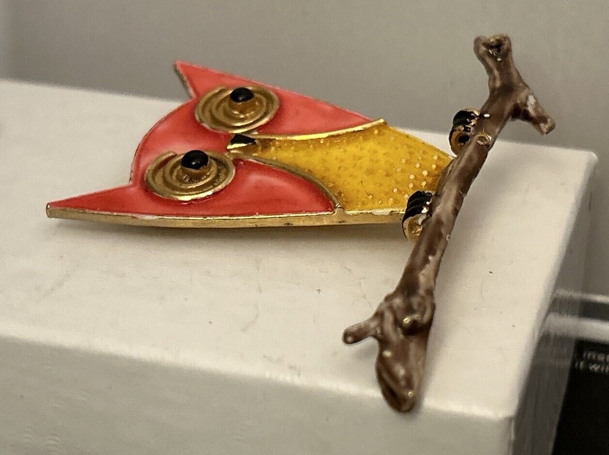 Vintage Accessocraft Enamel Owl Brooch Pin Figural Bird Vibrant Pink Yellow Uniq - Vintage Jewelry Collective