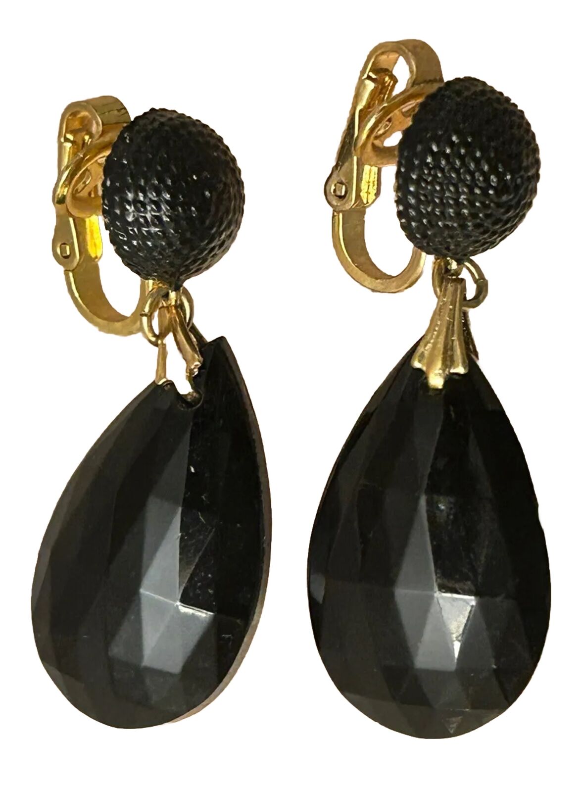 Vintage Signed CROWN TRIFARI Black Faceted Glass Enamel Dangle Drop Earrings - Vintage Jewelry Collective