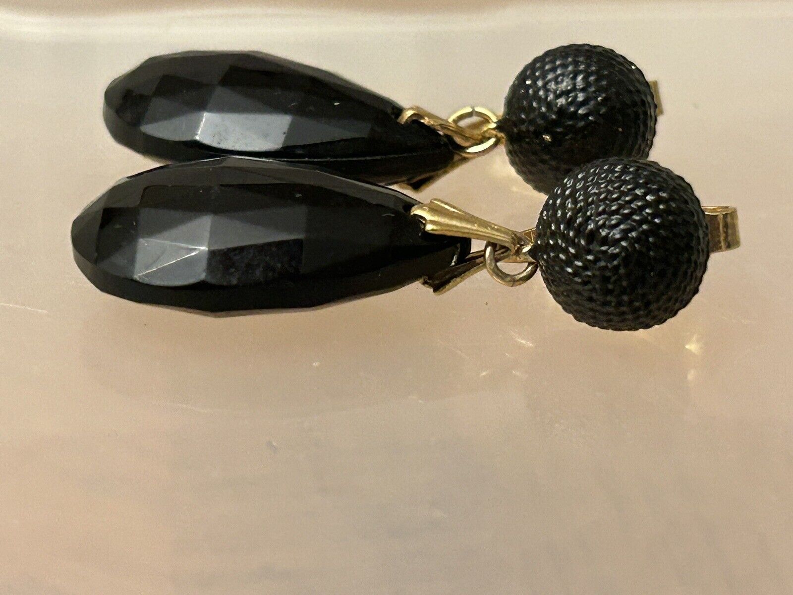 Vintage Signed CROWN TRIFARI Black Faceted Glass Enamel Dangle Drop Earrings - Vintage Jewelry Collective