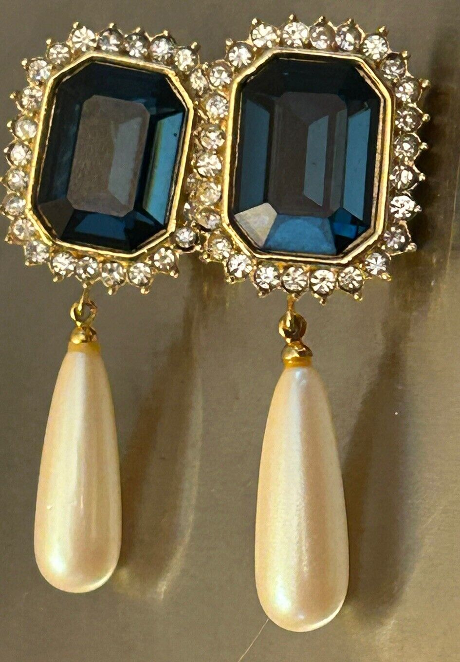 Vintage Givenchy Earrings 2”+ Drop Dangles Sapphire Pearl Rhinestone - Vintage Jewelry Collective