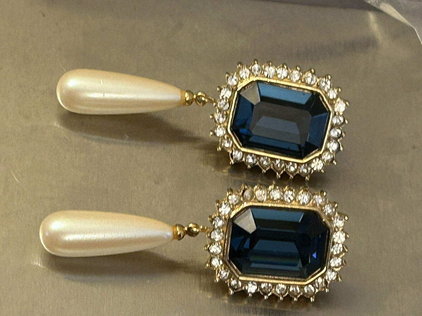 Vintage Givenchy Earrings 2”+ Drop Dangles Sapphire Pearl Rhinestone - Vintage Jewelry Collective