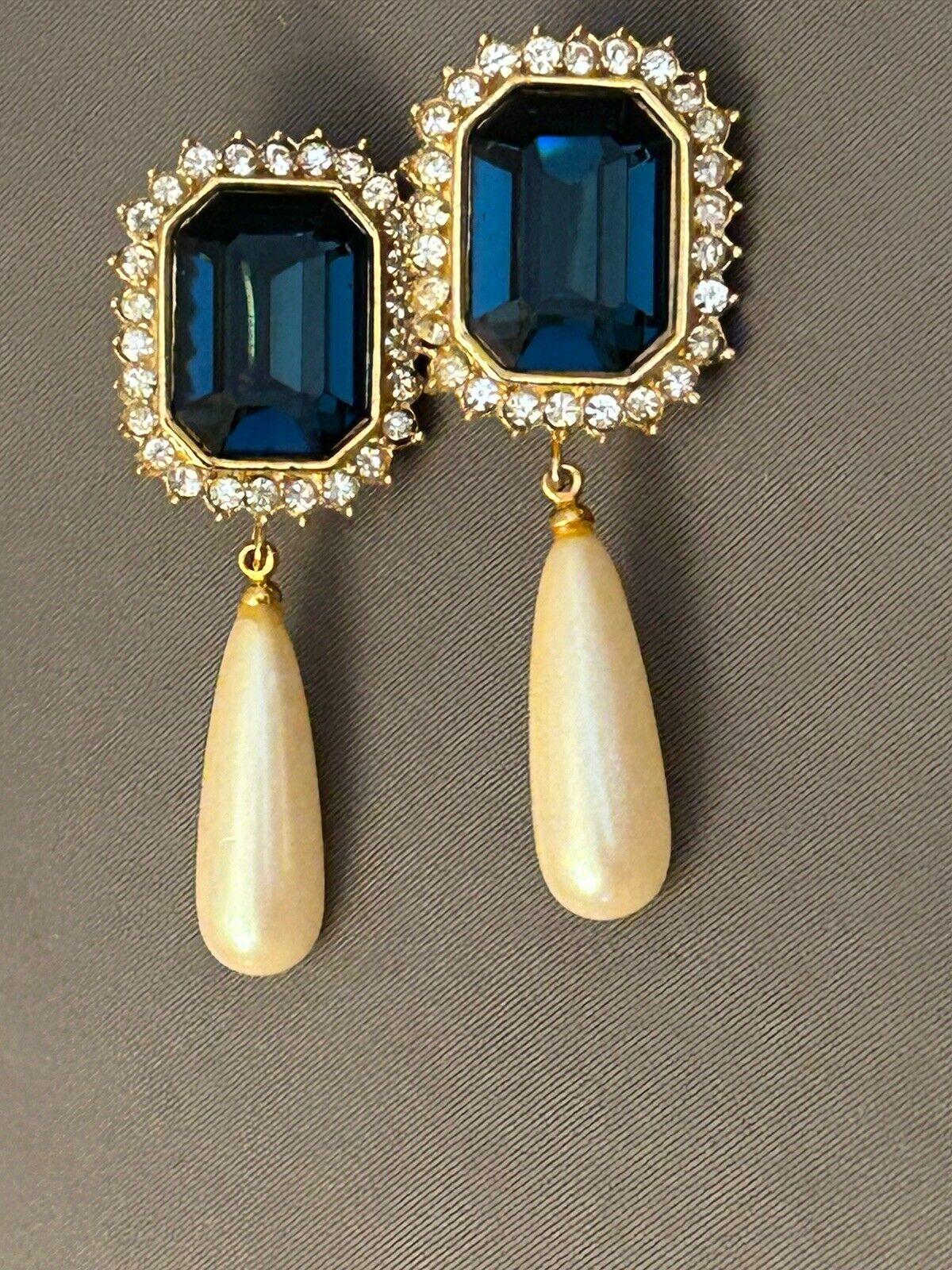 Vintage Givenchy Earrings 2”+ Drop Dangles Sapphire Pearl Rhinestone - Vintage Jewelry Collective