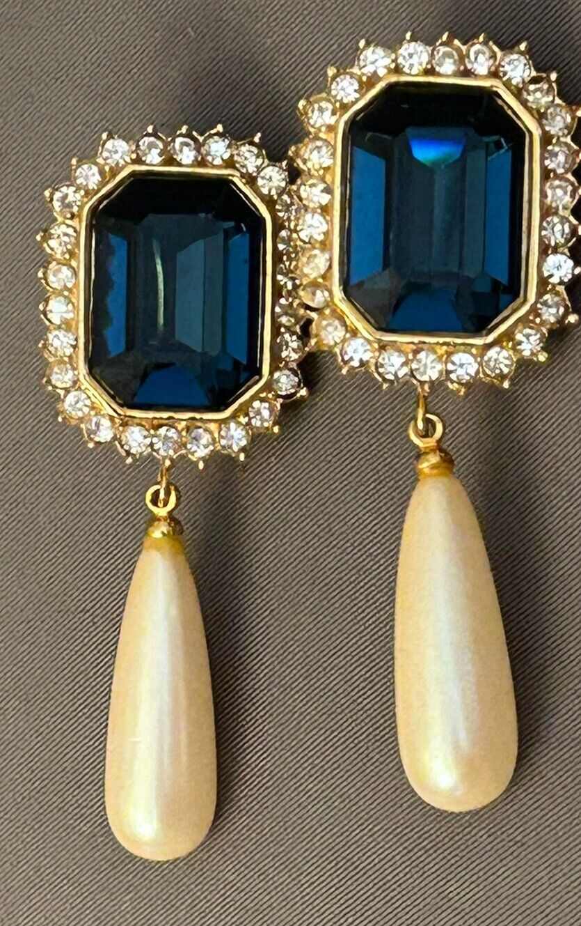 Vintage Givenchy Earrings 2”+ Drop Dangles Sapphire Pearl Rhinestone - Vintage Jewelry Collective