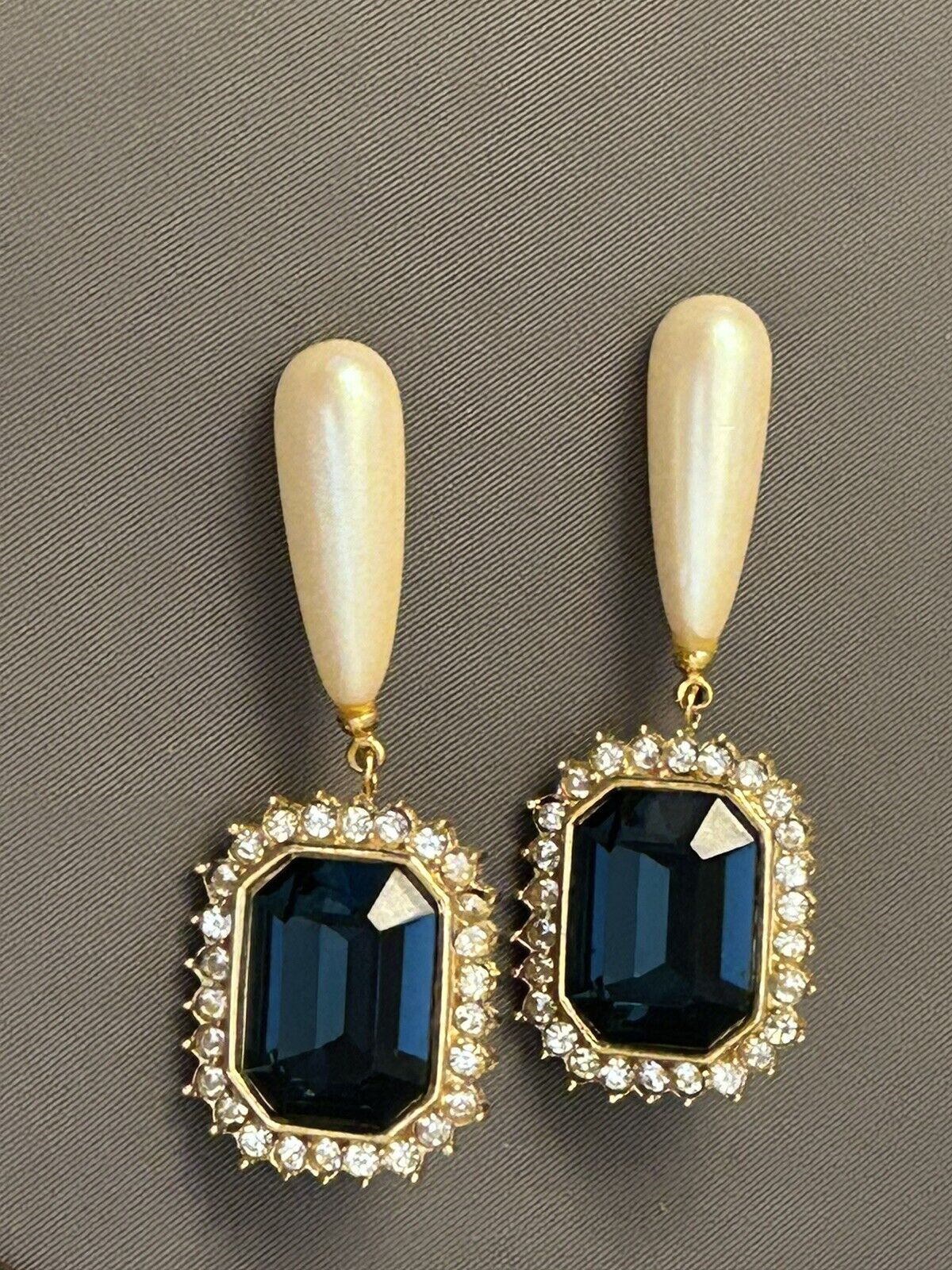 Vintage Givenchy Earrings 2”+ Drop Dangles Sapphire Pearl Rhinestone - Vintage Jewelry Collective