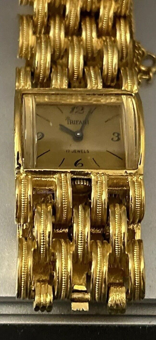 Vintage 1970s Crown Trifari Bracelet Mechanical Watch Thick Wind Up Working - Vintage Jewelry Collective