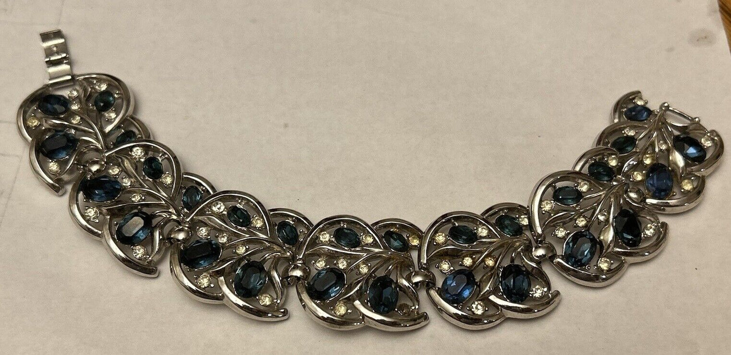 Vintage Crown Trifari Bracelet Blue Glass Rhinestone WIDE FLOWER LEAF Link - Vintage Jewelry Collective