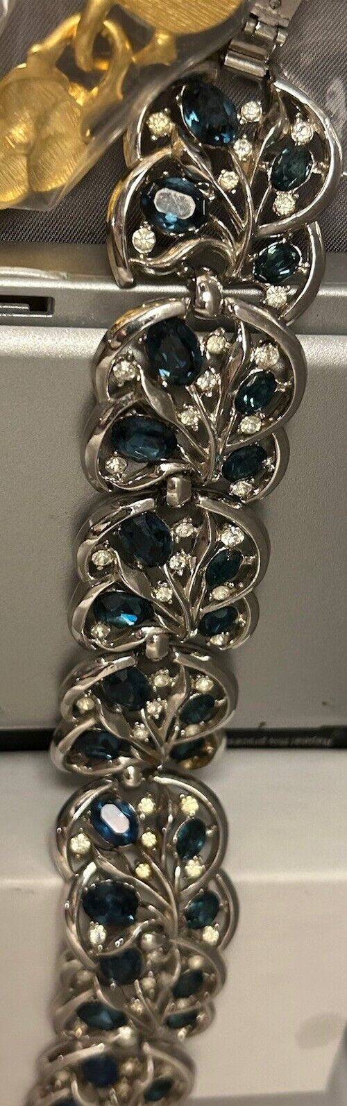 Vintage Crown Trifari Bracelet Blue Glass Rhinestone WIDE FLOWER LEAF Link - Vintage Jewelry Collective