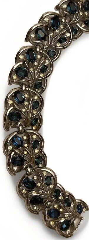 Vintage Crown Trifari Bracelet Blue Glass Rhinestone WIDE FLOWER LEAF Link - Vintage Jewelry Collective