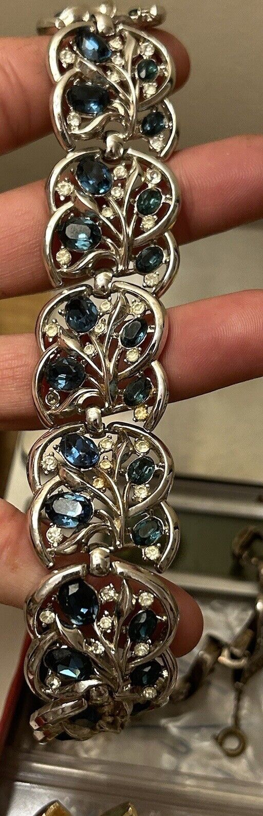 Vintage Crown Trifari Bracelet Blue Glass Rhinestone WIDE FLOWER LEAF Link - Vintage Jewelry Collective