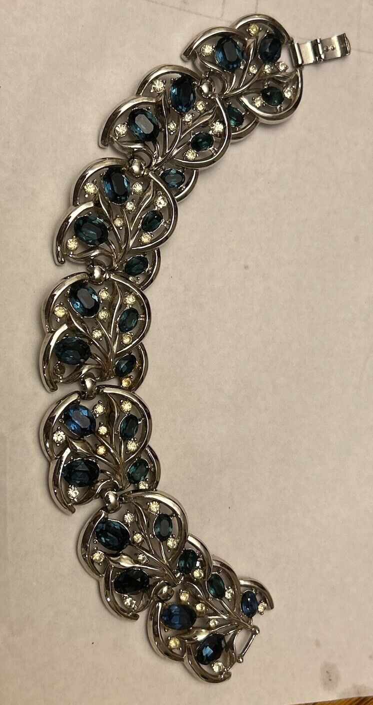 Vintage Crown Trifari Bracelet Blue Glass Rhinestone WIDE FLOWER LEAF Link - Vintage Jewelry Collective