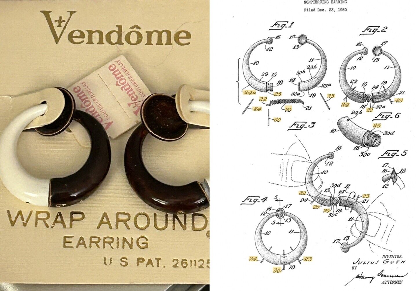 Vintage Vendome Enamel Hoop Earrings Rare Wrap NOS Costume Jewelry Patent RARE - Vintage Jewelry Collective