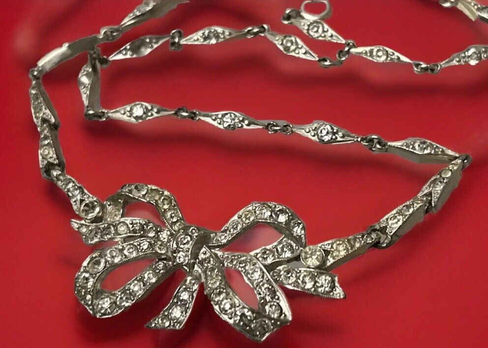 Vintage Trifari Necklace Early Clear Paste Rhinestone Bow Art Deco 1940 - Vintage Jewelry Collective