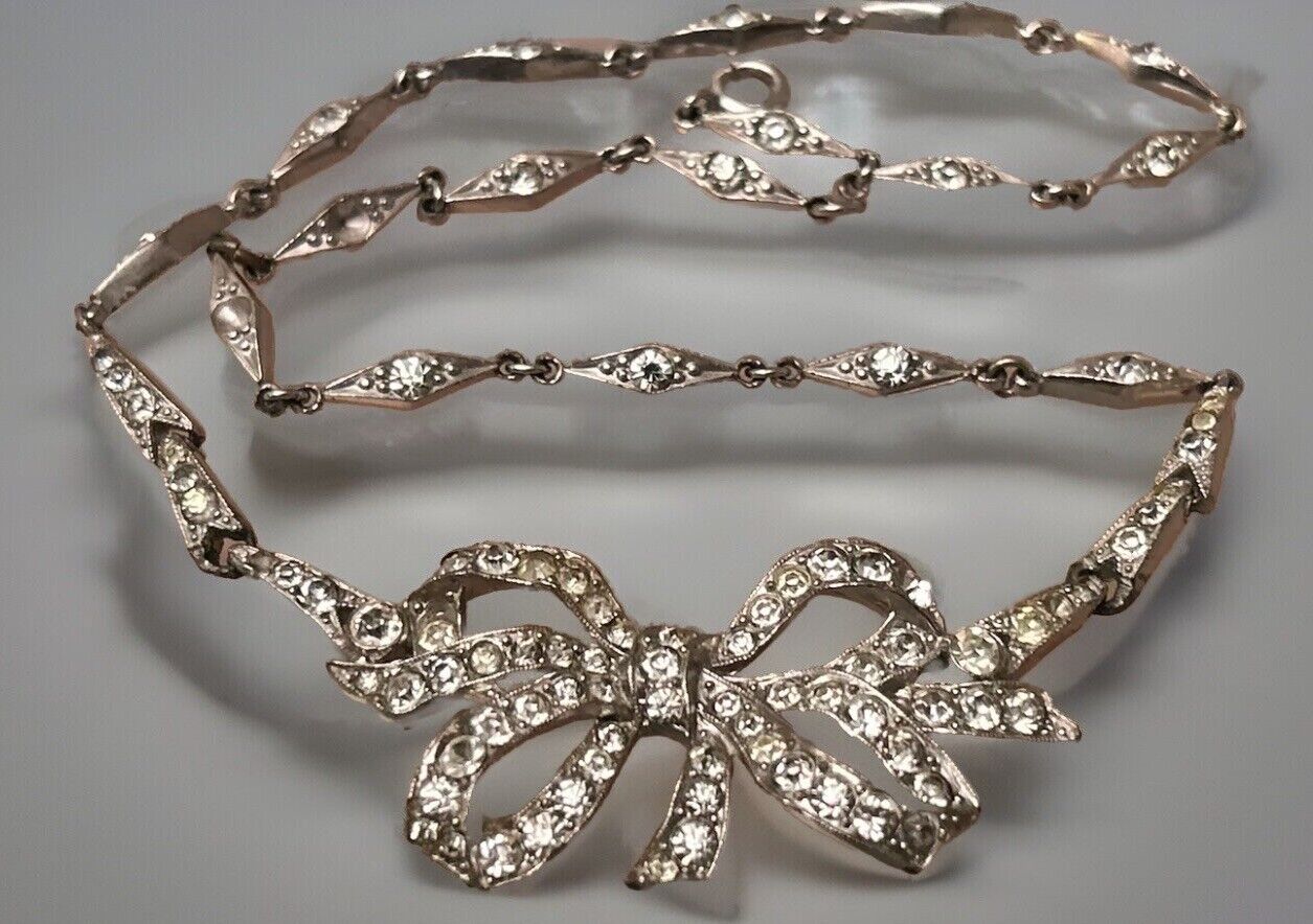 Vintage Trifari Necklace Early Clear Paste Rhinestone Bow Art Deco 1940 - Vintage Jewelry Collective