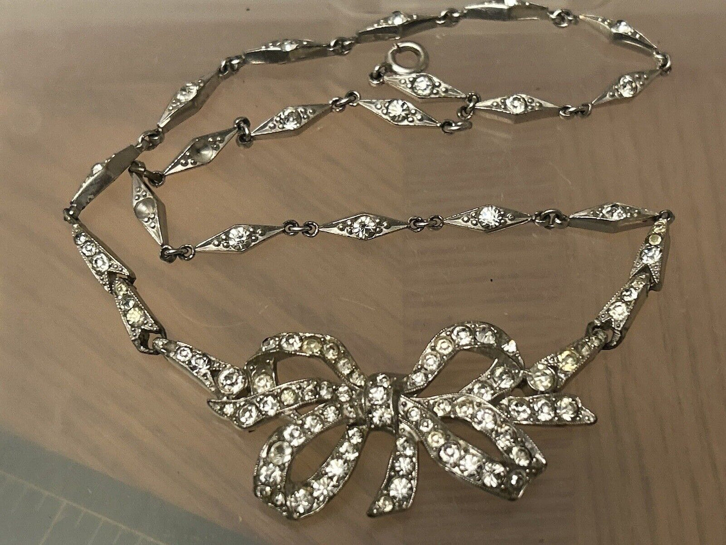 Vintage Trifari Necklace Early Clear Paste Rhinestone Bow Art Deco 1940 - Vintage Jewelry Collective