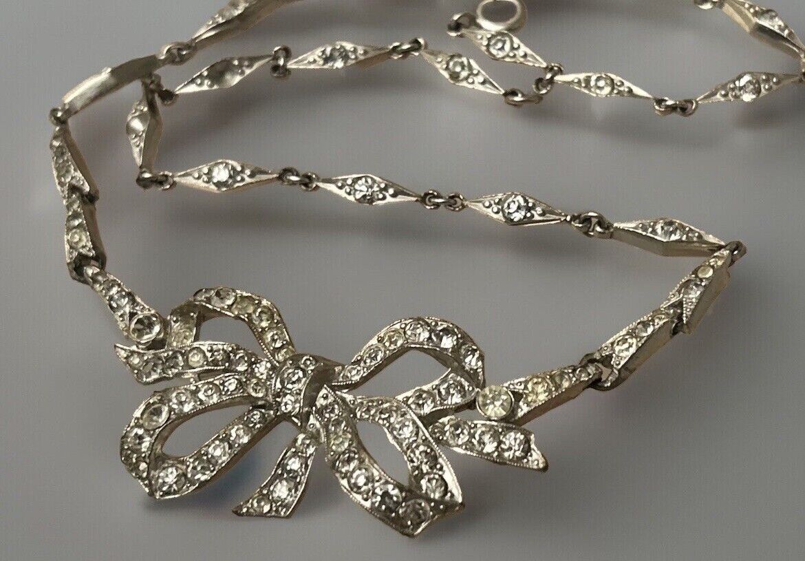 Vintage Trifari Necklace Early Clear Paste Rhinestone Bow Art Deco 1940 - Vintage Jewelry Collective